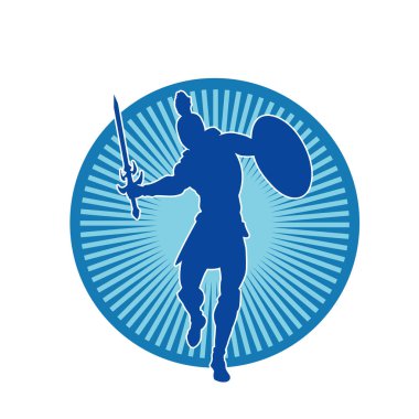 Savaş zırhlı bir erkek savaşçının silueti. Kılıç ve demir kalkan taşıyor..