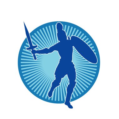 Savaş zırhlı bir erkek savaşçının silueti. Kılıç ve demir kalkan taşıyor..