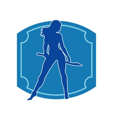 Kadın savaşçıların silueti kılıç taşıyor. Kılıçlı bir kadın dövüşçünün silueti..