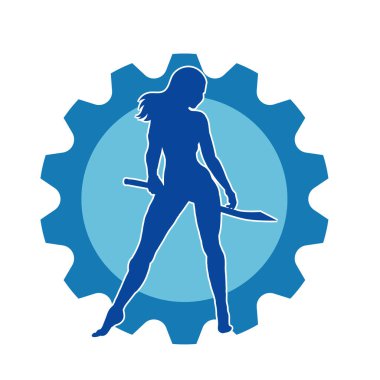 Kadın savaşçıların silueti kılıç taşıyor. Kılıçlı bir kadın dövüşçünün silueti..