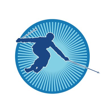 Kayak ekipmanıyla kayak yapan birinin silüeti. Bir insanın silueti kayak atlayışı yapıyor.