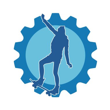 Genç bir kadının silueti kaykay yapıyor.