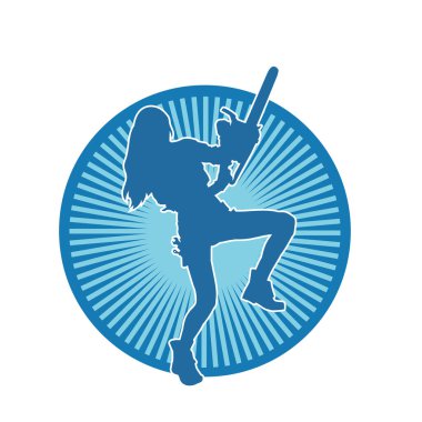 Elektrikli testereli seksi bir kadın işçinin silüeti. Elinde testere tutan bir oduncu gibi giyinmiş seksi kadın duruşu silueti..