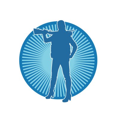 Kadın bir savaşçının silueti, tüfekle poz veriyor. Uzun namlulu ateşli silah taşıyan bir kadın avcının silueti.