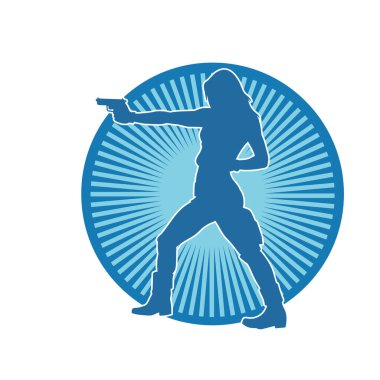 Kadın dövüşçü silueti. Tabanca ya da tabanca taşıyor..