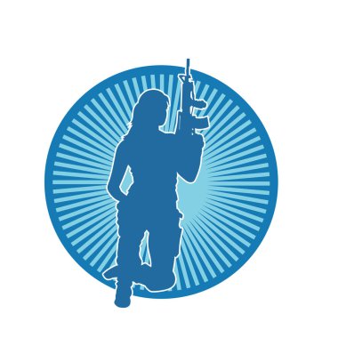 Makineli tüfek tutan bir kadın askerin silüeti. Ateşli silahla ölümcül bir kadının silueti..