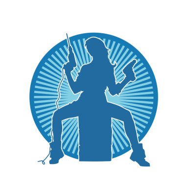 Matkapla çalışan seksi bir kadın işçinin silüeti. Emek kostümü giymiş seksi kadın duruşu silueti..