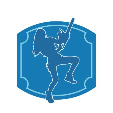 Çalışan bir kadın işçinin silueti elektrikli testereyle poz veriyor. Çalışan kostümü giyen ve elektrikli testere taşıyan bir kadının silüeti.