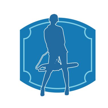 Çalışan bir kadın işçinin silueti elektrikli testereyle poz veriyor. Çalışan kostümü giyen ve elektrikli testere taşıyan bir kadının silüeti.