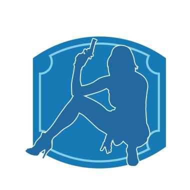 Kadın dövüşçü silueti. Tabanca ya da tabanca taşıyor..