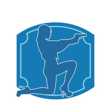 Kadın dövüşçü silueti. Tabanca ya da tabanca taşıyor..