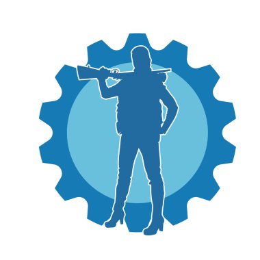 Kadın bir savaşçının silueti, tüfekle poz veriyor. Uzun namlulu ateşli silah taşıyan bir kadın avcının silueti.