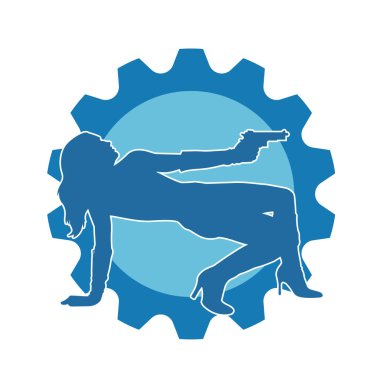 Kadın dövüşçü silueti. Tabanca ya da tabanca taşıyor..