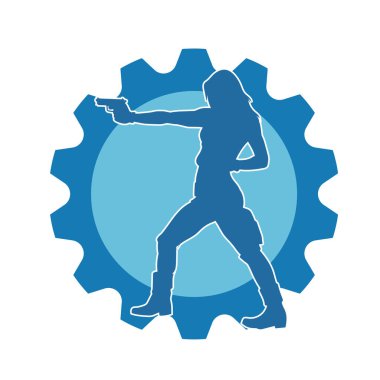 Kadın dövüşçü silueti. Tabanca ya da tabanca taşıyor..