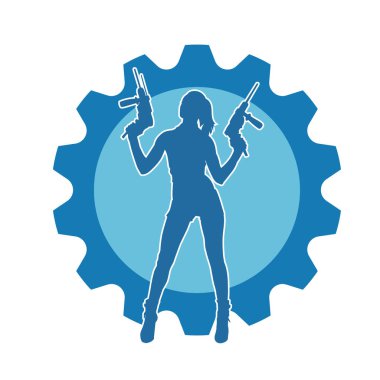 Matkap aletleri taşıyan inşaat işçisi kostümlü bir kadın silueti. İnşaat işçisi kadın silueti elektrikli matkapla poz veriyor.. 