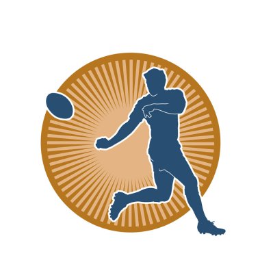 Rugby sporcusunun silueti iş başında. Rugby oynayan sporcu bir adamın silueti..
