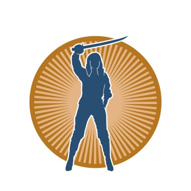 Bir kadın dövüşçünün silueti kılıç taşırken poz veriyor..