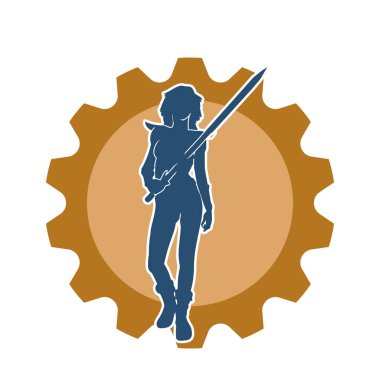 Bir kadın dövüşçünün silueti kılıç taşırken poz veriyor..