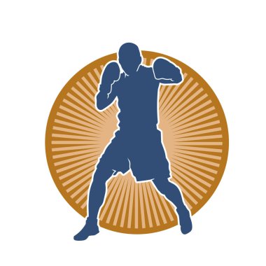 Erkek boks atletinin silueti iş başında. Boks sporu için eldiven giyen kaslı bir adamın silueti..