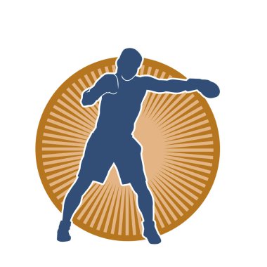 Erkek boks atletinin silueti iş başında. Boks sporu için eldiven giyen kaslı bir adamın silueti..