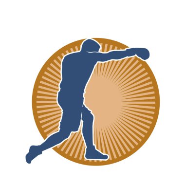 Erkek boks atletinin silueti iş başında. Boks sporu için eldiven giyen kaslı bir adamın silueti..
