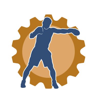 Erkek boks atletinin silueti iş başında. Boks sporu için eldiven giyen kaslı bir adamın silueti..