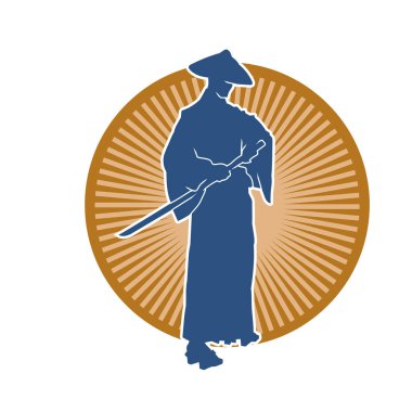 Harekete geçmiş bir kılıç savaşçısı silueti. Kılıç taşıyan bir dövüş sanatçısı silueti. Kendo dövüş sanatının silueti..