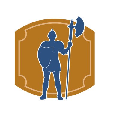 Polarm silahı ve demir kalkanı olan eski bir askerin silueti. Bir Romalı savaşçının silueti halberd ya da polebaltalı silah kullanıyor..