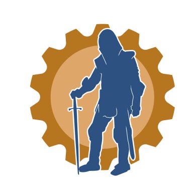 Savaş zırhlı bir şövalyenin silueti. Elinde kılıç var. Kılıç taşıyan bir ortaçağ şövalyesinin silueti..