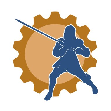 Savaş zırhlı bir şövalyenin silueti. Elinde kılıç var. Kılıç taşıyan bir ortaçağ şövalyesinin silueti..