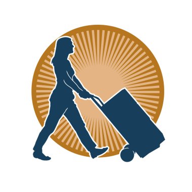 Depo çalışanının silueti bir lori çizelgesi ya da kutuları taşıyan bir el arabası. Bir teslimat işçisi ya da kurye silueti bir araba dolusu kutuyla poz vermiş..