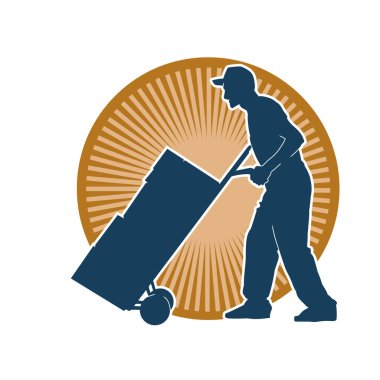 Depo çalışanının silueti bir lori çizelgesi ya da kutuları taşıyan bir el arabası. Bir teslimat işçisi ya da kurye silueti bir araba dolusu kutuyla poz vermiş..