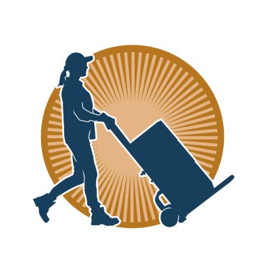 Depo çalışanının silueti bir lori çizelgesi ya da kutuları taşıyan bir el arabası. Bir teslimat işçisi ya da kurye silueti bir araba dolusu kutuyla poz vermiş..