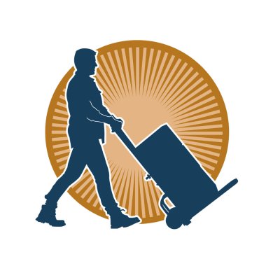 Depo çalışanının silueti bir lori çizelgesi ya da kutuları taşıyan bir el arabası. Bir teslimat işçisi ya da kurye silueti bir araba dolusu kutuyla poz vermiş..