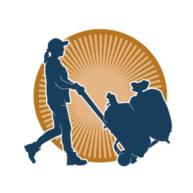 Bir depo çalışanının silueti torba taşıyan bir lori çizelgesi ya da el arabası. Teslimat işçisi ya da kurye silueti, içi çuval dolu bir tramvay tekerleğiyle poz veriyor..