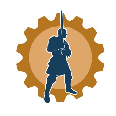 Savaş zırhlı bir şövalyenin silueti. Elinde kılıç var. Kılıç taşıyan bir ortaçağ şövalyesinin silueti..