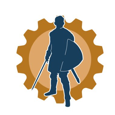 Savaş zırhlı bir erkek savaşçının silueti. Kılıç ve demir kalkan taşıyor..