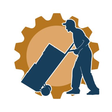 Depo çalışanının silueti bir lori çizelgesi ya da kutuları taşıyan bir el arabası. Bir teslimat işçisi ya da kurye silueti bir araba dolusu kutuyla poz vermiş..