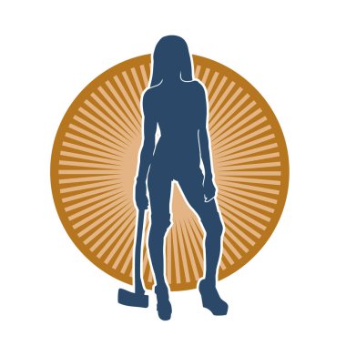 Sümüklü bir kadın savaşçının silüeti balta ile hareket halindeyken poz veriyor..