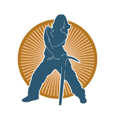 Kazma aletleri taşıyan işçi kostümlü bir kadının silüeti. Toplama aleti ile poz veren kadın silueti..