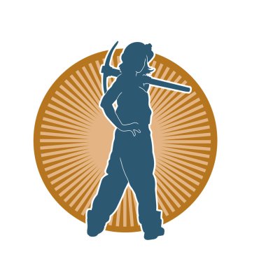 Kazma aletleri taşıyan işçi kostümlü bir kadının silüeti. Toplama aleti ile poz veren kadın silueti..