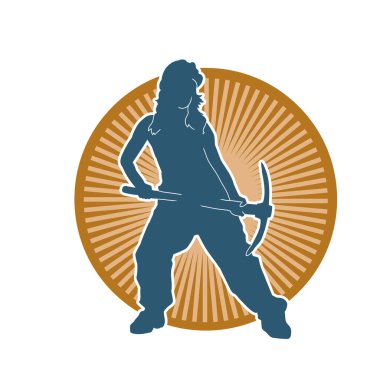 Kazma aletleri taşıyan işçi kostümlü bir kadının silüeti. Toplama aleti ile poz veren kadın silueti..