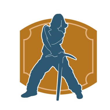 Kazma aletleri taşıyan işçi kostümlü bir kadının silüeti. Toplama aleti ile poz veren kadın silueti..