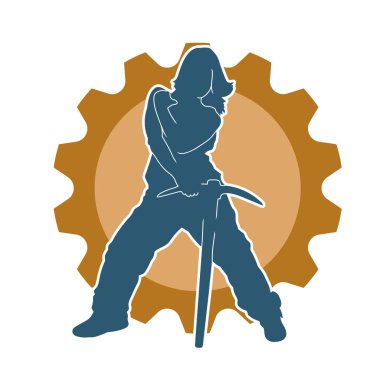 Kazma aletleri taşıyan işçi kostümlü bir kadının silüeti. Toplama aleti ile poz veren kadın silueti..