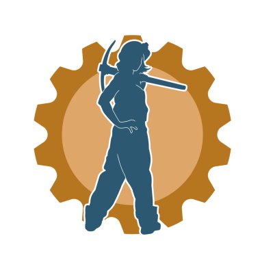 Kazma aletleri taşıyan işçi kostümlü bir kadının silüeti. Toplama aleti ile poz veren kadın silueti..