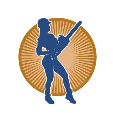 Makineli testere taşıyan kadın inşaat işçisinin silueti. Elektrikli testere tutan oduncu bir kadının silueti..