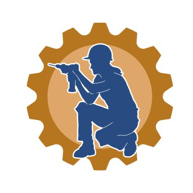 Makineli elektrikli matkap taşıyan kadın bir inşaat işçisinin silueti. Elektrikli matkap tutan bir kadın inşaatçının silueti..