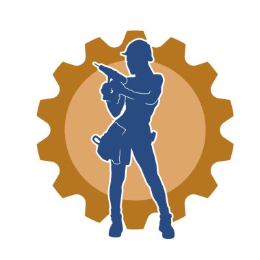 Makineli elektrikli matkap taşıyan kadın bir inşaat işçisinin silueti. Elektrikli matkap tutan bir kadın inşaatçının silueti..