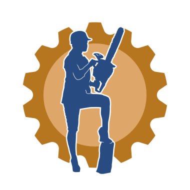 Makineli testere taşıyan kadın inşaat işçisinin silueti. Elektrikli testere tutan oduncu bir kadının silueti..