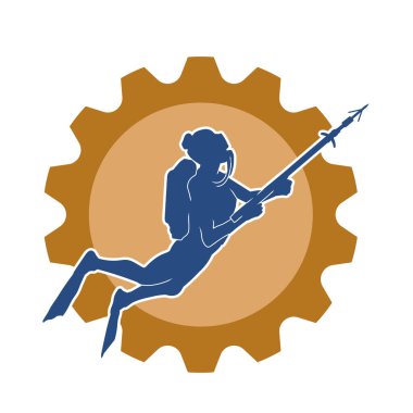 Silhouette of a woman diver carrying leister or underwater spear weapon while  clipart